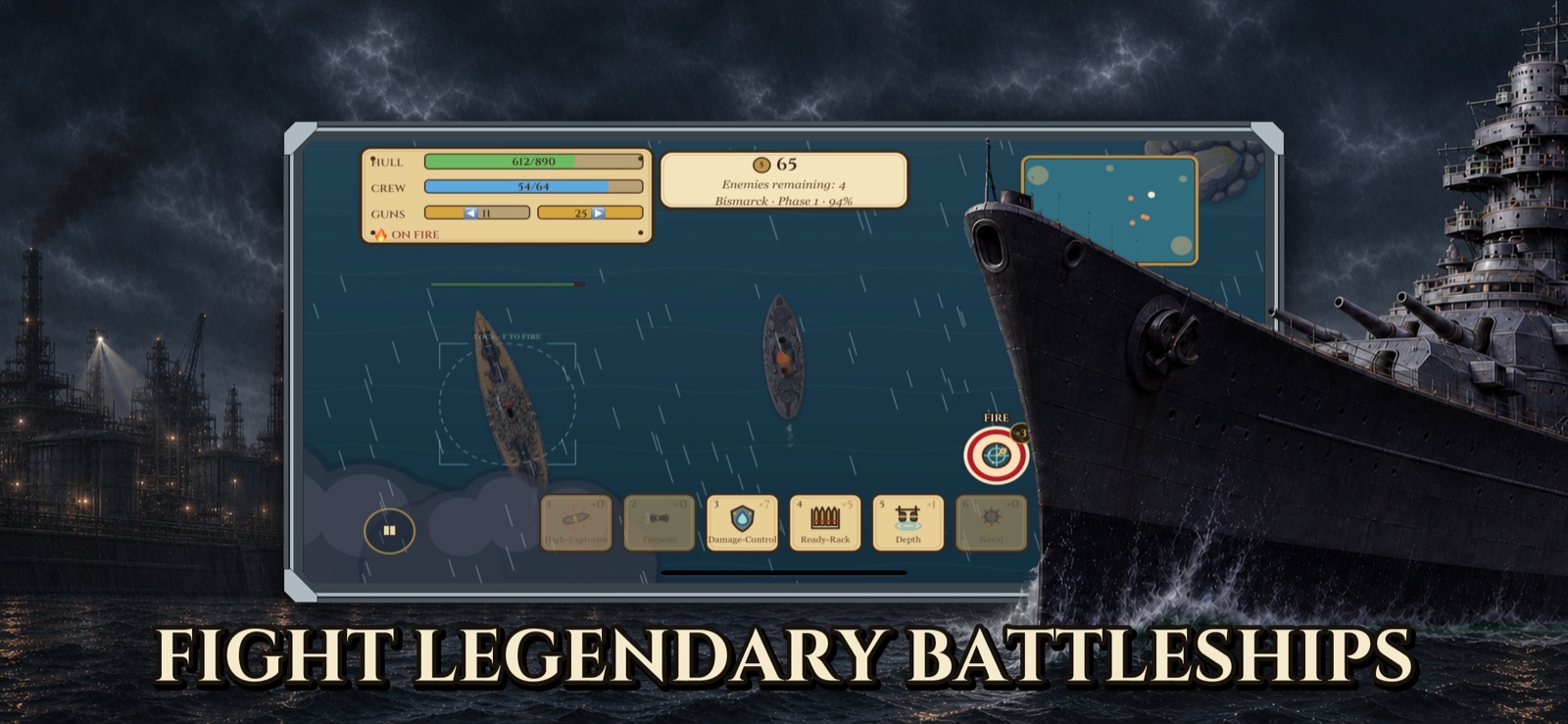Gameplay in the Age of Diesel: a radar-locked battleship duel with Bismarck at night, in the rain.