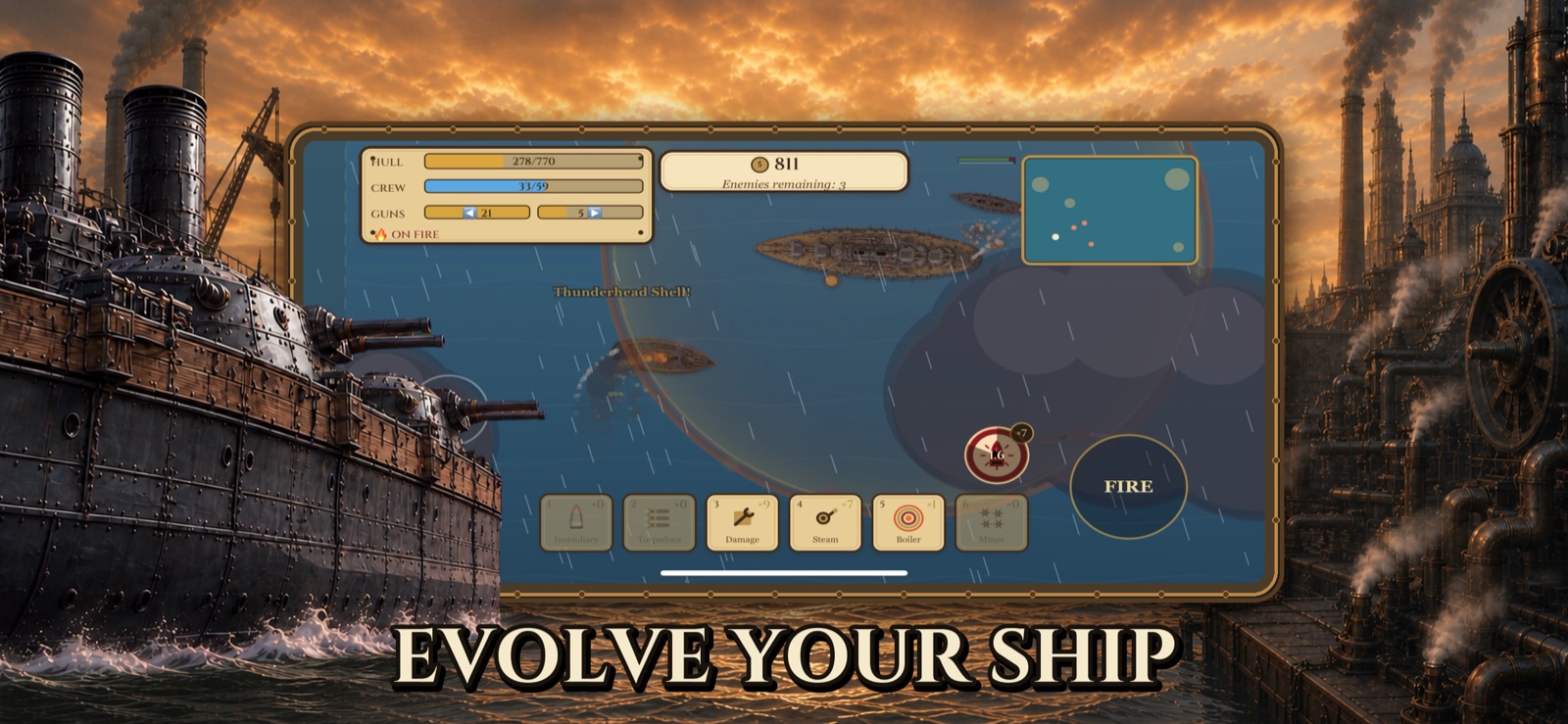 Gameplay in the Age of Steam: an ironclad fleet battle at sunrise beside a smoking industrial harbor.