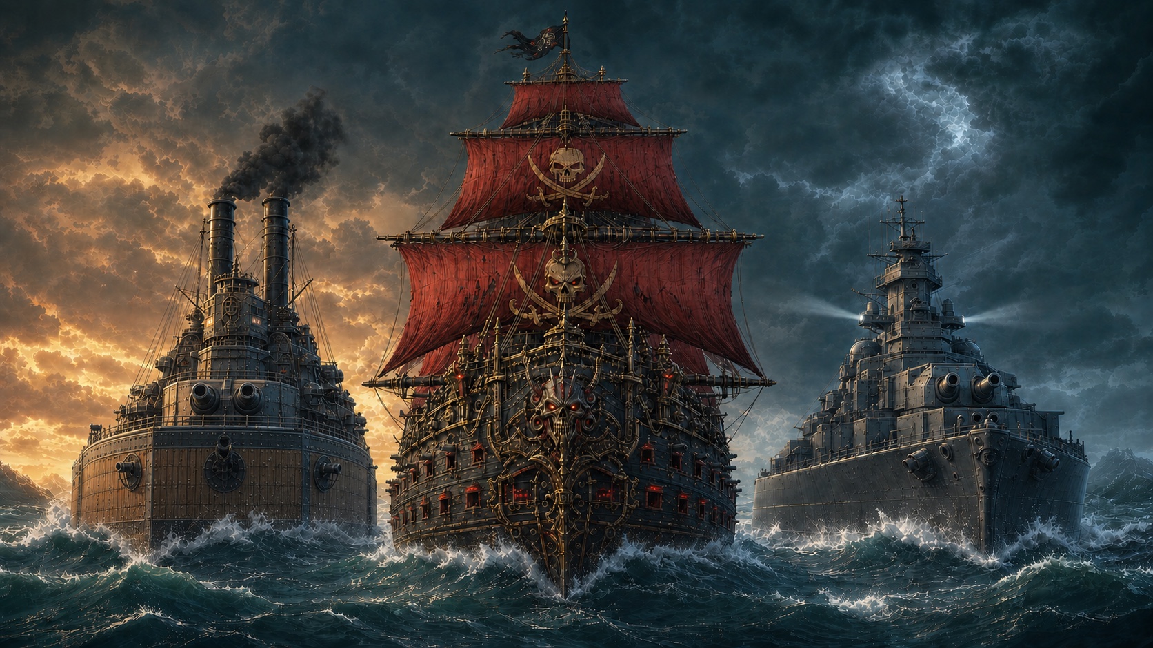 The three boss flagships at sea: the pirate dreadnought Karlakan with red skull sails, flanked by the steam battleship SMS Bayern and the grey battleship Bismarck under a storm.
